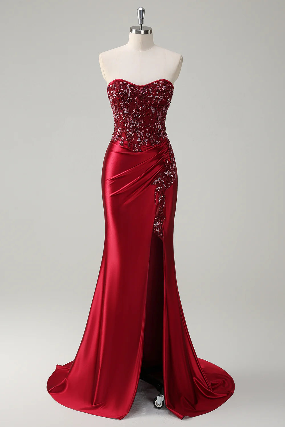 Sparkly Burgundy Floral Mermaid Beaded Corset Long Prom Dress with Slit